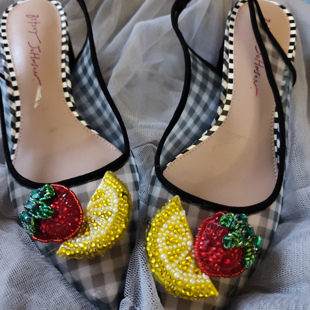 Betsey Johnson Black and White Gingham Flats with Fruit Accents
